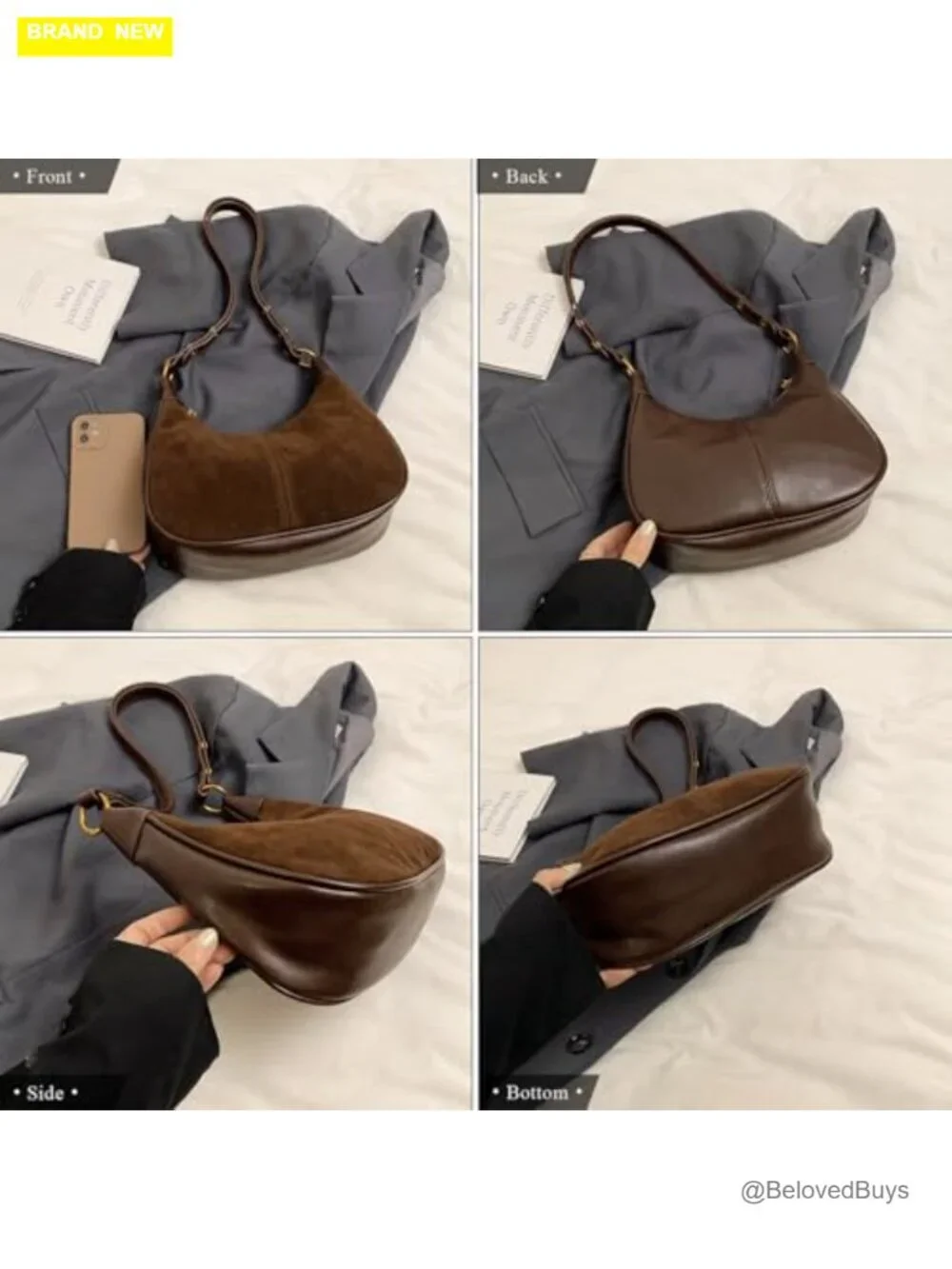 Faux Suede Faux Leather Hobo Crossbody Shoulder Bag Zipper Pocket